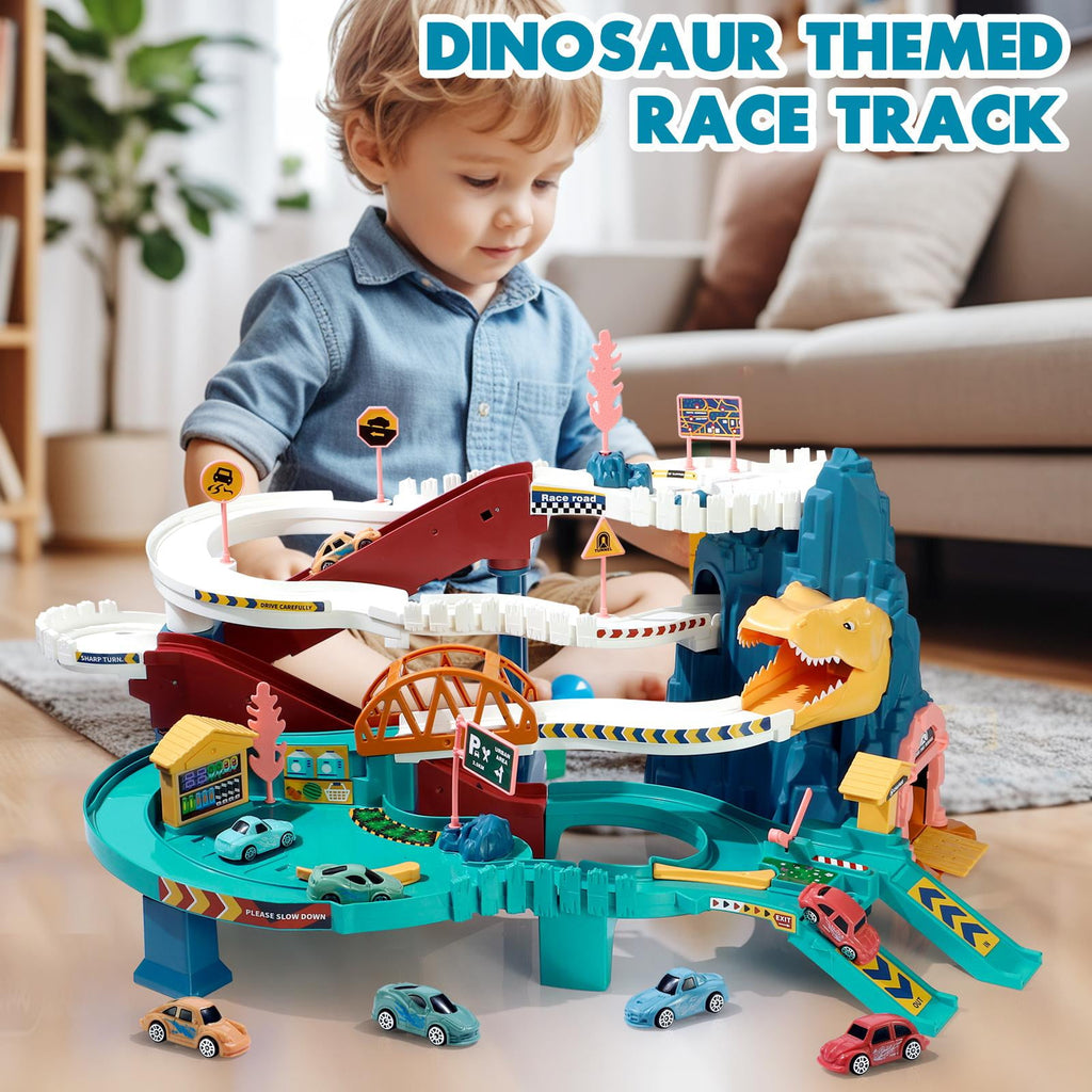 Dinosaur Race Track Playset Toys for Kids Car Ramp Track Set Toys Adventure Car Garage Parking Toy
