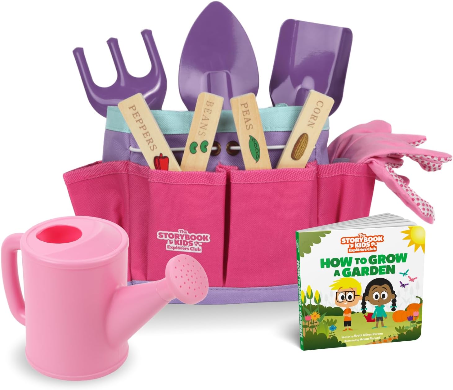 Matching Board Book - Green Kids Gardening Tools Set Includes Sturdy Tote Bag, Watering Can, Shovel, Rake, and Trowel - Garden Storybook - Kids Garden Tools- Easter Gifts for Toddler Age on up.