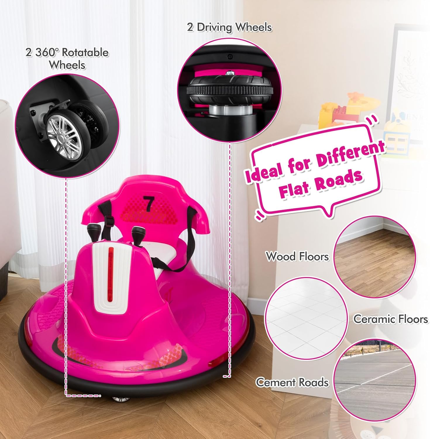 Costzon 12V Kids Ride On Bumper Car, Electric Bumper Car w/Dual Joysticks, Remote Control, 360° Spin, Slow Start Function, LED Lights & Fun Music, Adjustable Safety Belt, Soft Bumper (Pink)