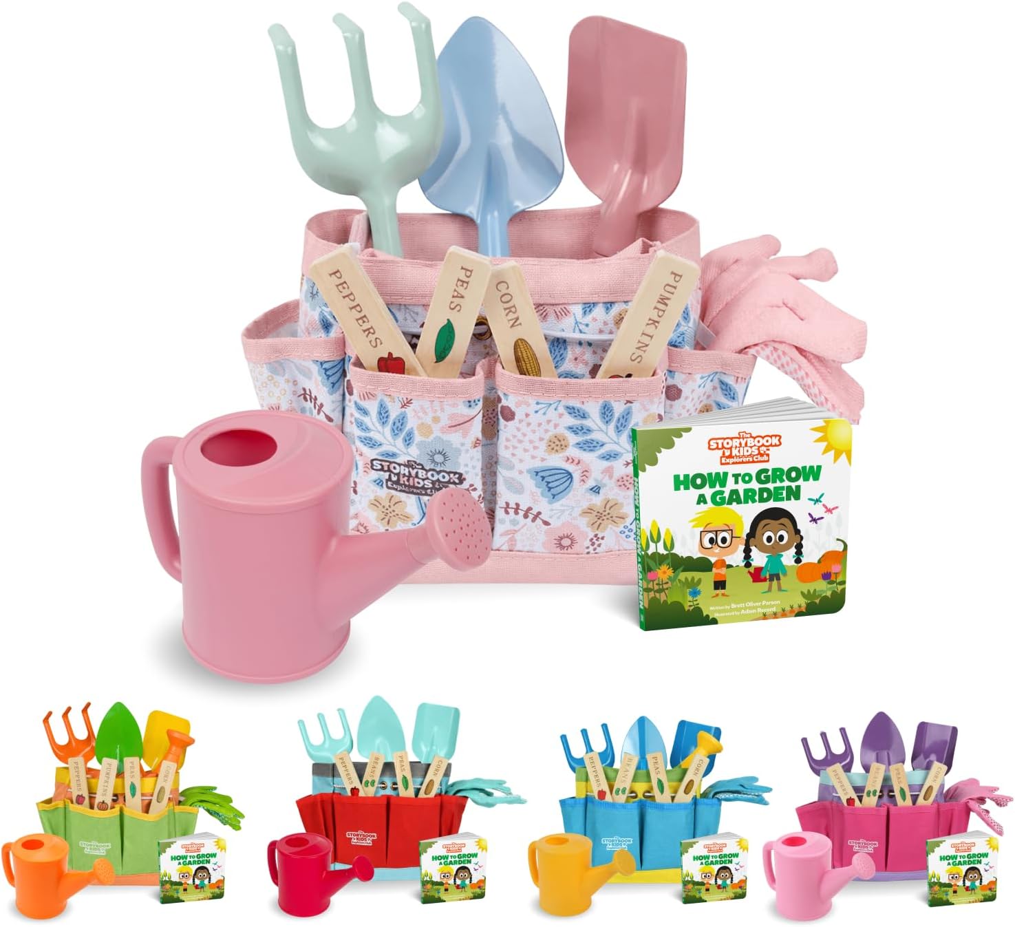 Matching Board Book - Green Kids Gardening Tools Set Includes Sturdy Tote Bag, Watering Can, Shovel, Rake, and Trowel - Garden Storybook - Kids Garden Tools- Easter Gifts for Toddler Age on up.