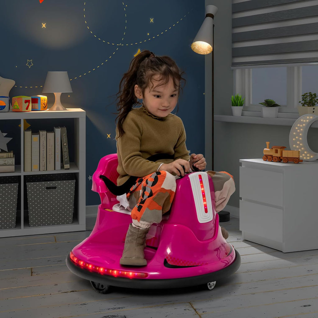 Costzon 12V Kids Ride On Bumper Car, Electric Bumper Car w/Dual Joysticks, Remote Control, 360° Spin, Slow Start Function, LED Lights & Fun Music, Adjustable Safety Belt, Soft Bumper (Pink)