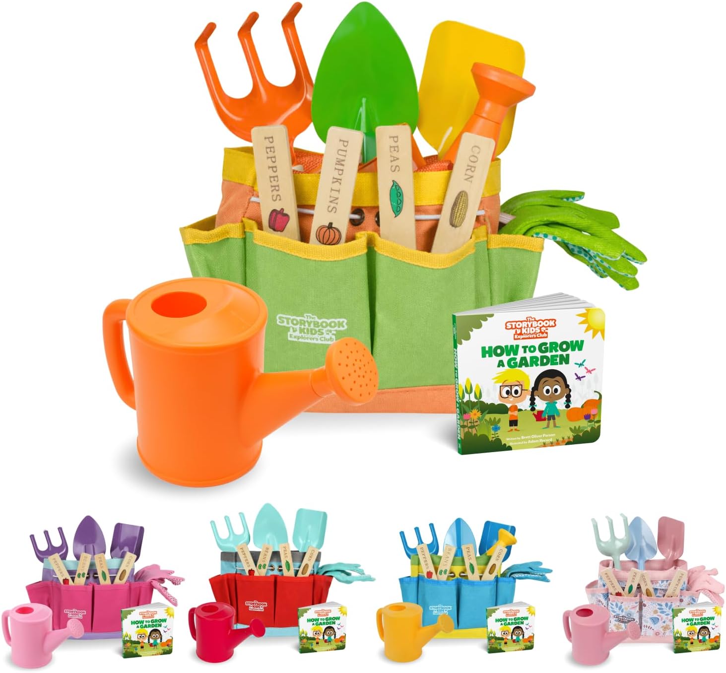 Matching Board Book - Green Kids Gardening Tools Set Includes Sturdy Tote Bag, Watering Can, Shovel, Rake, and Trowel - Garden Storybook - Kids Garden Tools- Easter Gifts for Toddler Age on up.