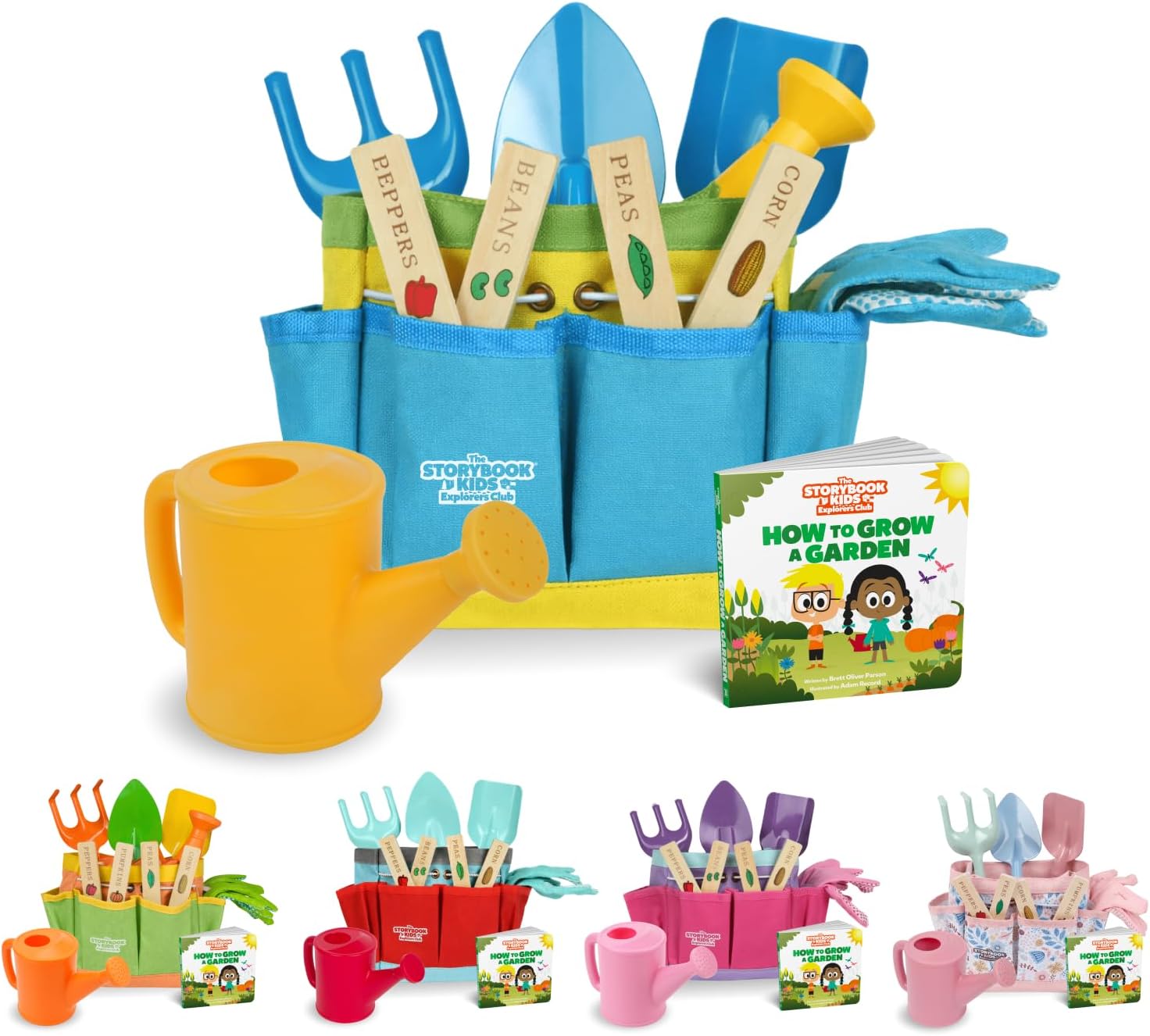 Matching Board Book - Green Kids Gardening Tools Set Includes Sturdy Tote Bag, Watering Can, Shovel, Rake, and Trowel - Garden Storybook - Kids Garden Tools- Easter Gifts for Toddler Age on up.