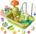 CUTE STONE Play Sink with Running Water, Kitchen Sink Toys with Upgraded Electric Faucet, Play Kitchen Toy Accessories, Pool Floating Fishing Toys for Water Play, Kids Role Play Dishwasher Toy