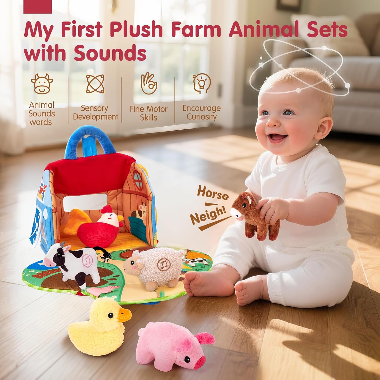 🎉Grand Opening – 50% Off!⏰️ 🐄 Baby Sensory Surprise Barn | Montessori Farm Toys with Real Sounds for 6–12 Months