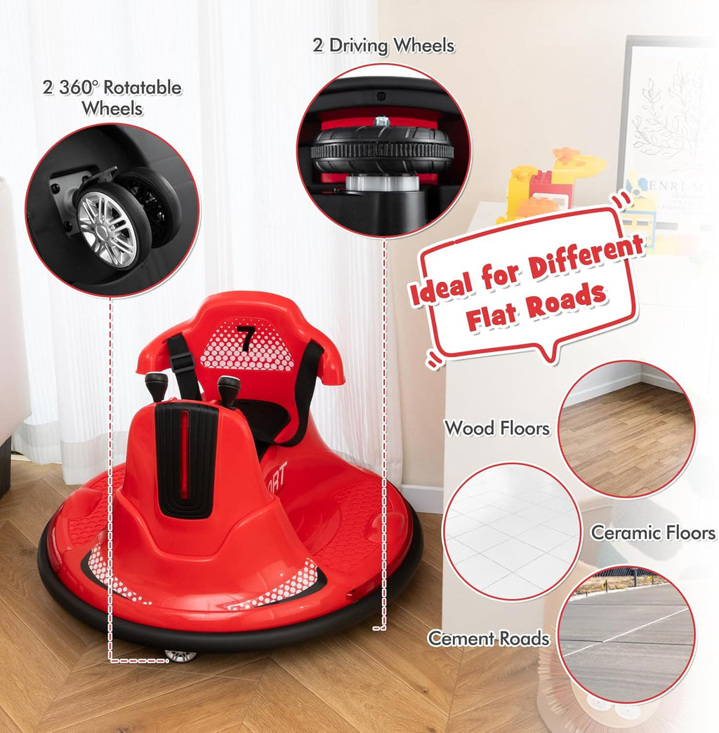 Costzon 12V Kids Ride On Bumper Car, Electric Bumper Car w/Dual Joysticks, Remote Control, 360° Spin, Slow Start Function, LED Lights & Fun Music, Adjustable Safety Belt, Soft Bumper (Pink)