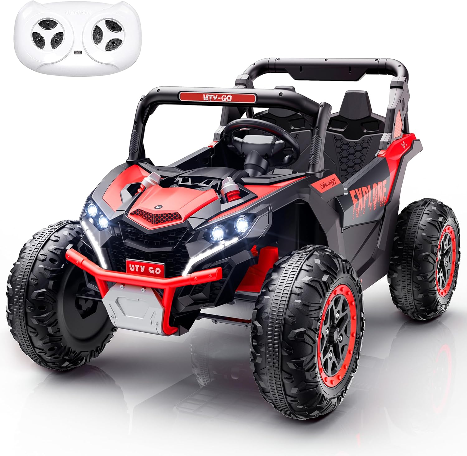 🎉Grand Opening – 50% Off!⏰️ 2 Seater Kids Ride on Car, Electric 4WD Off-Road UTV Truck, 7Ah Large Battery Kids Electric Car with Remote Control, Safety Belt, Horn, Music, and Lights for Aged 3-8 Years Blue