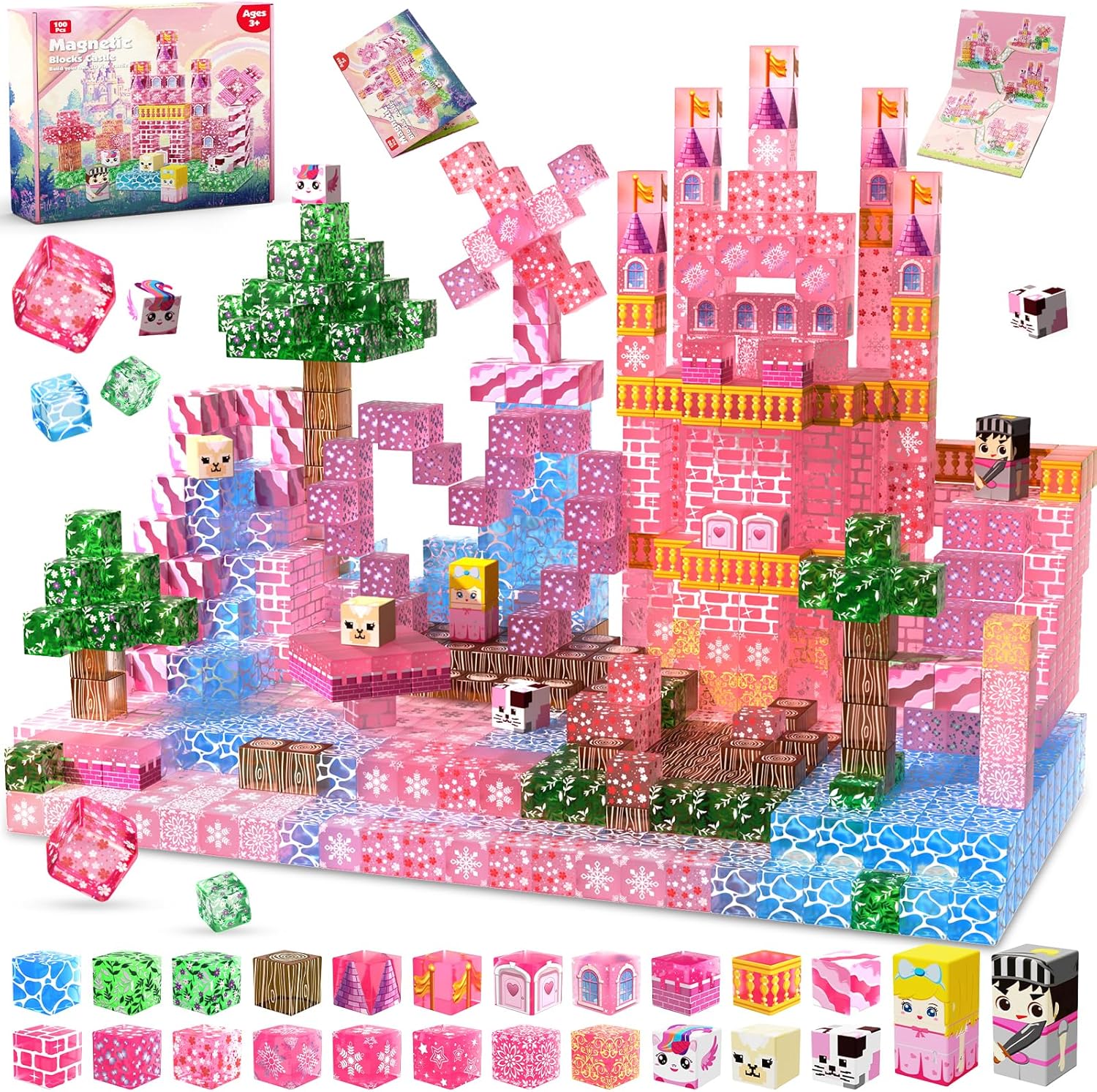 Magnetic Blocks - 100Pcs 0.8in Magnetic Building Block for Kids Ages 4-8, Transparent Magnet Block Blue Princess Castle, Magnet Cubes Tiles Princess Toy for Girl 3 4 5 6 7 8-12 Christmas Birthday Gift