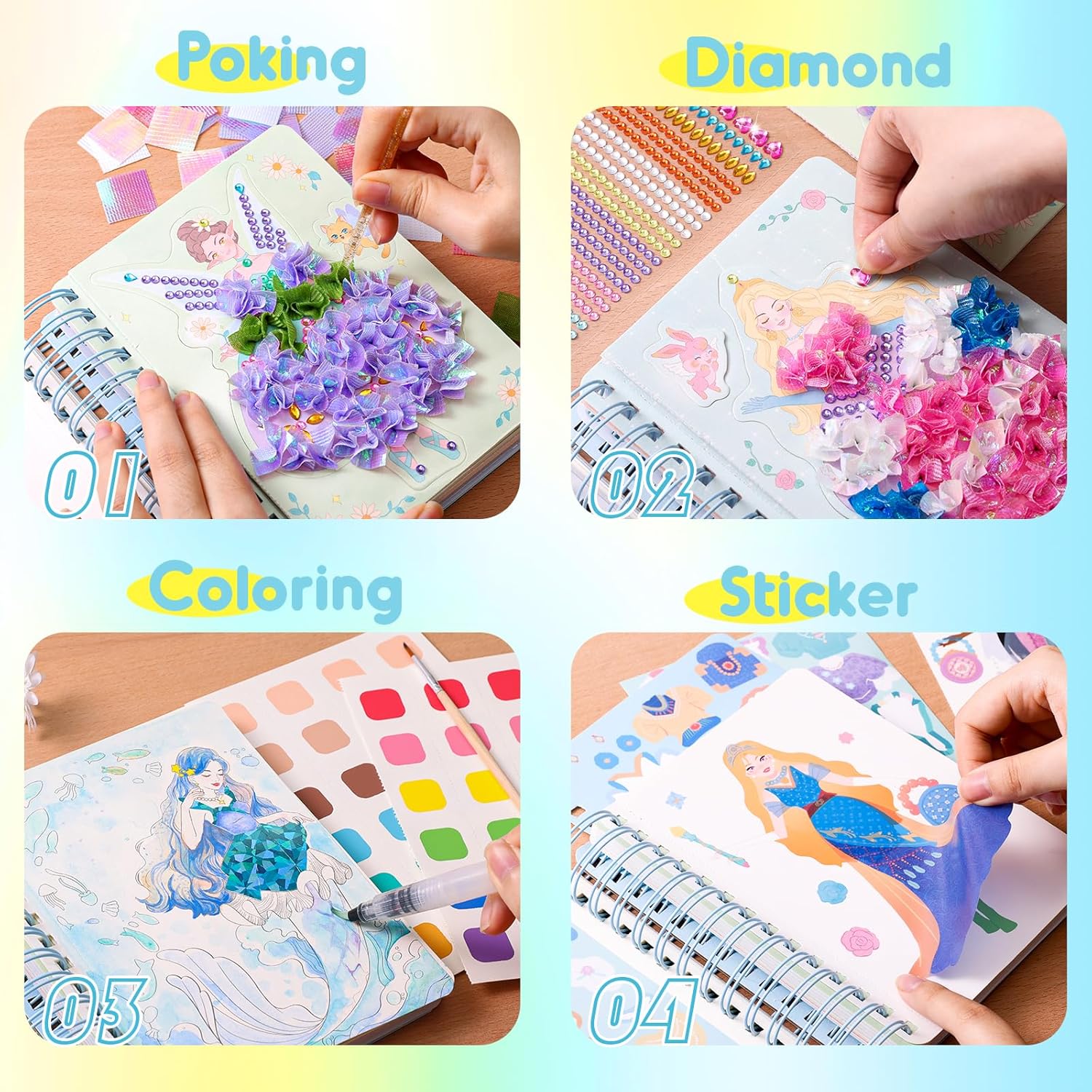 4 in 1 Poke Craft Kits for Girls, Magic Princess Crafts for Kids Ages 4-8, DIY Activity with Princess Stickers, Watercolor Paint, Diamond Art Gifts for 4 5 6 7 8+ Year Old Girls