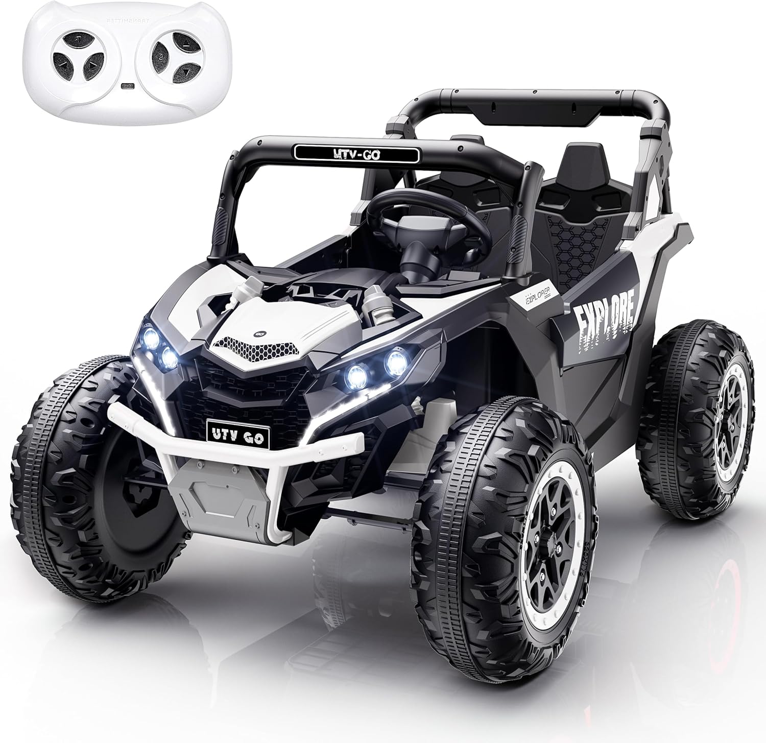 🎉Grand Opening – 50% Off!⏰️ 2 Seater Kids Ride on Car, Electric 4WD Off-Road UTV Truck, 7Ah Large Battery Kids Electric Car with Remote Control, Safety Belt, Horn, Music, and Lights for Aged 3-8 Years Blue