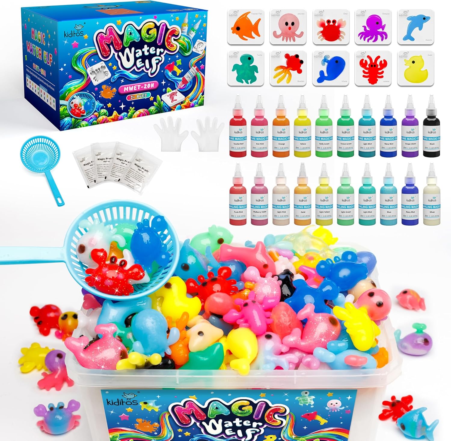 Magic Water Elf Toy Kit – Squishies for Kids, 20 Gels & 10 Molds, Magic Gel Water Pets Sensory DIY Craft Kit, Party Favors & Gifts for Kids Ages 3+