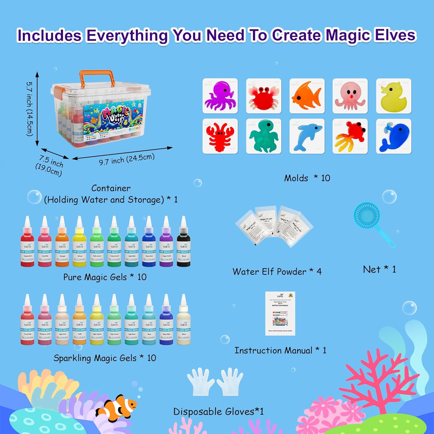 Magic Water Elf Toy Kit – Squishies for Kids, 20 Gels & 10 Molds, Magic Gel Water Pets Sensory DIY Craft Kit, Party Favors & Gifts for Kids Ages 3+